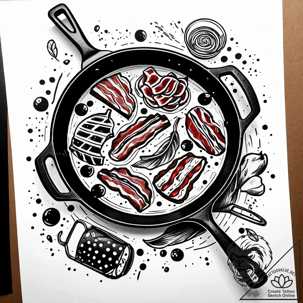 A close-up of a sizzling strip of bacon in a... - style Jaeger Simple - tattoo sketch (02.12.2025 19:57)