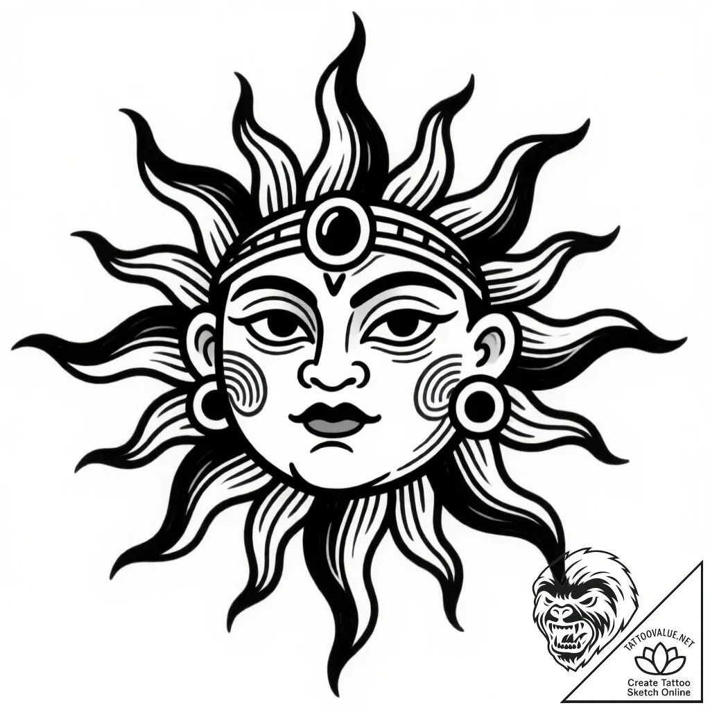 Tattoo sketch, el dorado sun god silhouette,... - style Flux Inscriptions - tattoo sketch (02.12.2025 20:57)