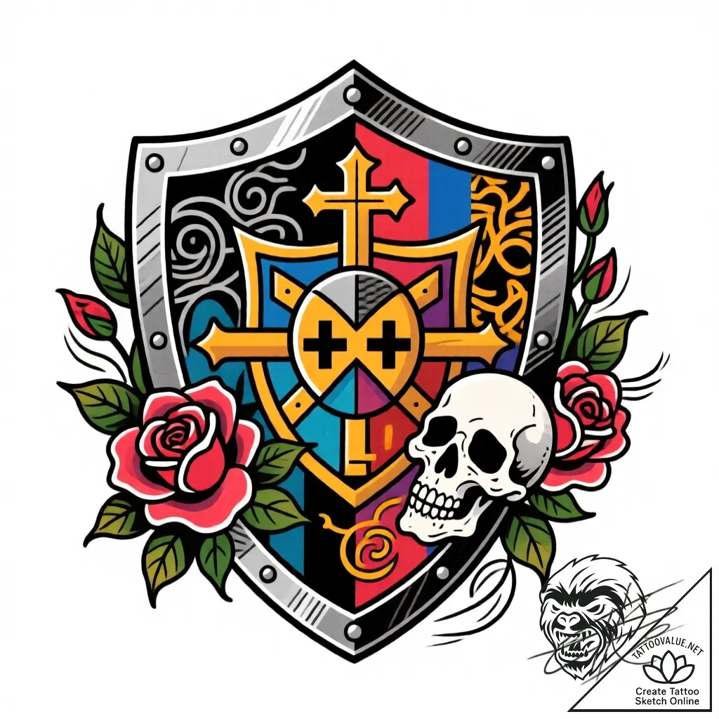 Tattoo design a detailed medieval shield with... - style Flux Inscriptions - tattoo sketch (03.12.2025 02:17)