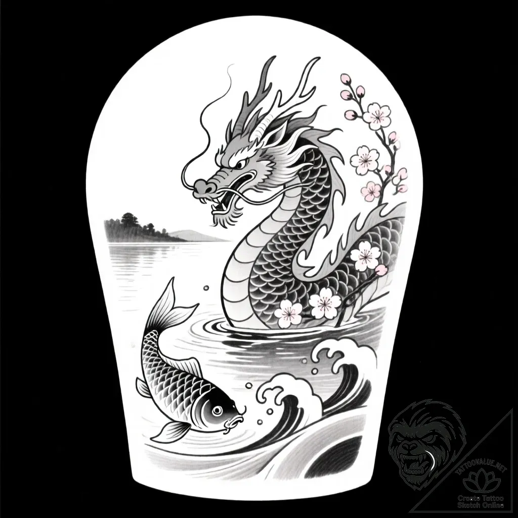 Tattoo design a calm lake with a fantasy crea... - style Flux Inscriptions - tattoo sketch (03.12.2025 16:17)