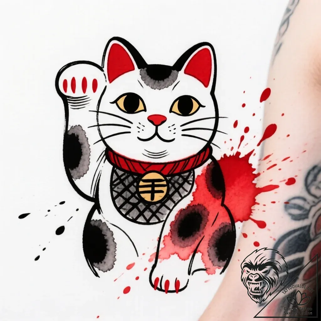 Lucky cat (maneki-neko) waving, tattoo drawin... - style Flux Inscriptions - tattoo sketch (03.12.2025 20:17)