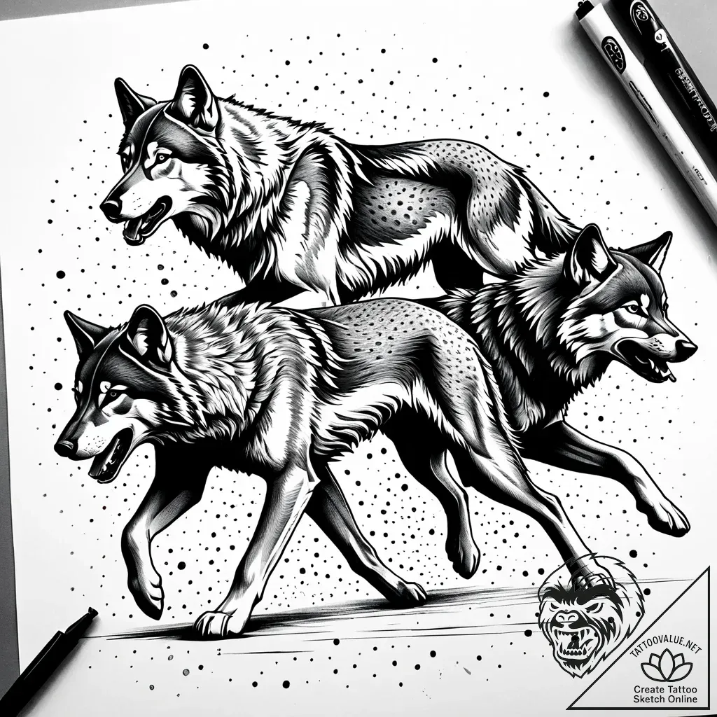 Tattoo sketch a wolf pack in full stride, for... - style Jaeger Simple - tattoo sketch (03.12.2025 21:57)