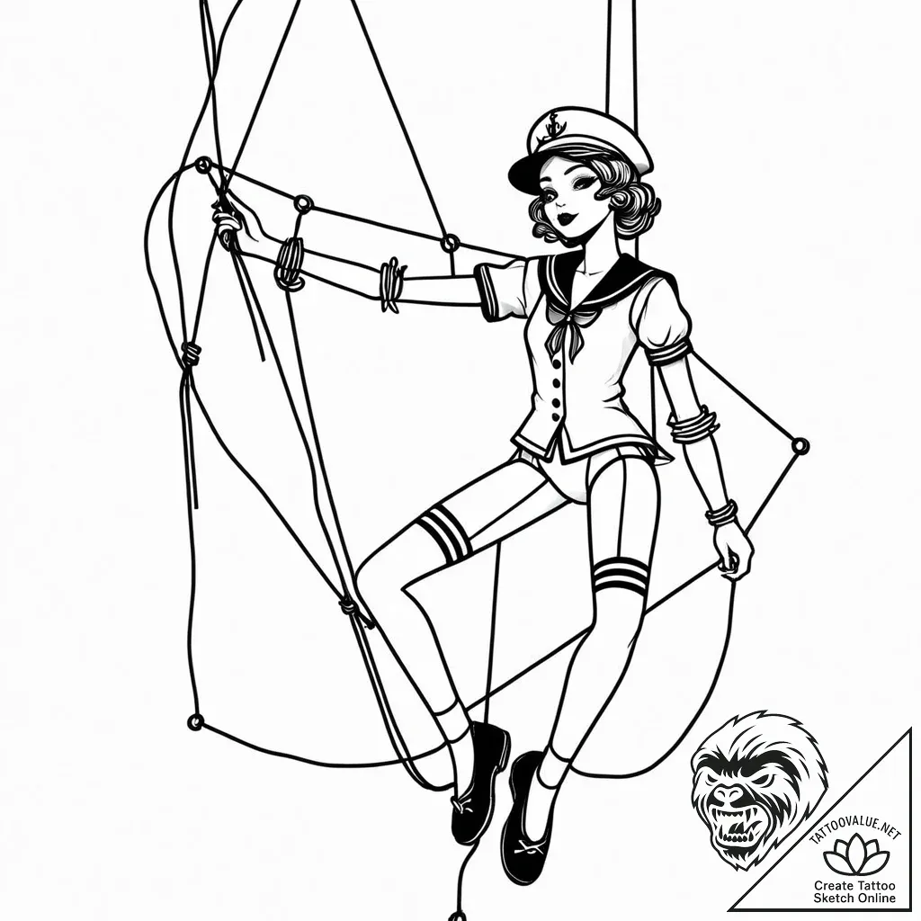 Marionette with its strings cut, slumping, co... - style Jaeger Mini - tattoo sketch (03.12.2025 23:37)