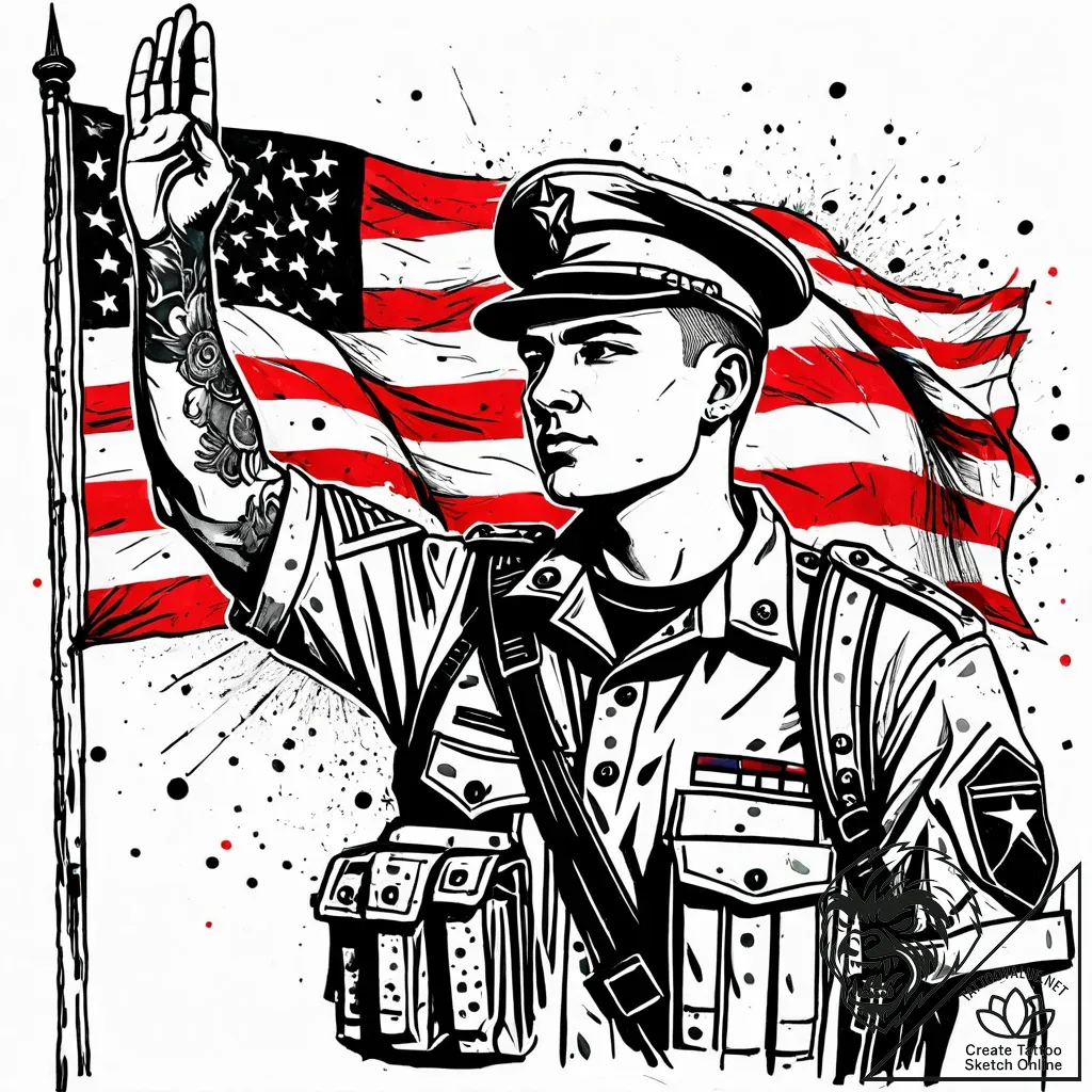 Tat tattoo sketch, soldier saluting with flag... - style Jaeger Simple - tattoo sketch (04.12.2025 00:36)