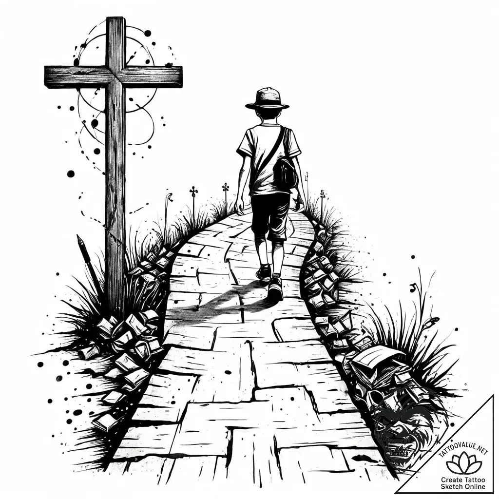 Tat tattoo sketch, the boy walking on paper p... - style Jaeger Mini - tattoo sketch (04.12.2025 03:36)