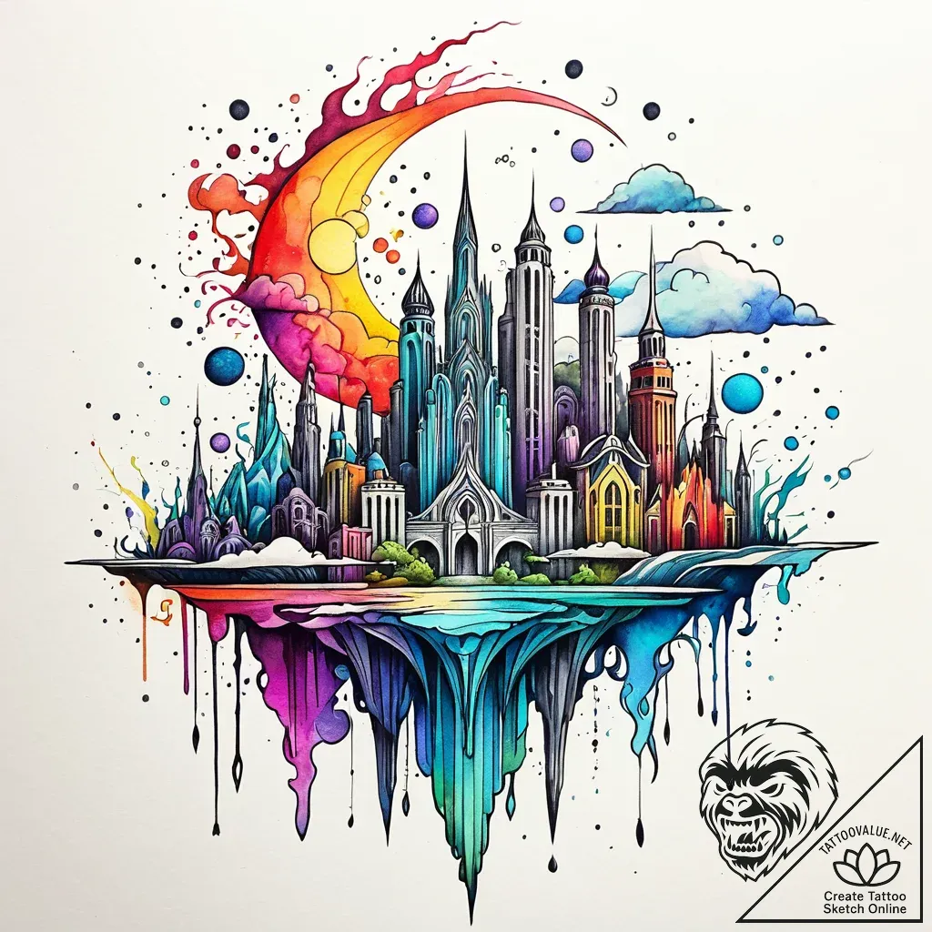 Tattoo sketch, dreamscape with floating citie... - style Jaeger Simple - tattoo sketch (04.12.2025 11:16)