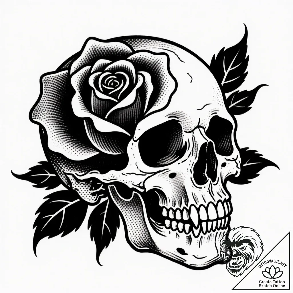 Animated rose blooming from skull, tattoo ske... - style Flux Inscriptions - tattoo sketch (04.12.2025 13:37)
