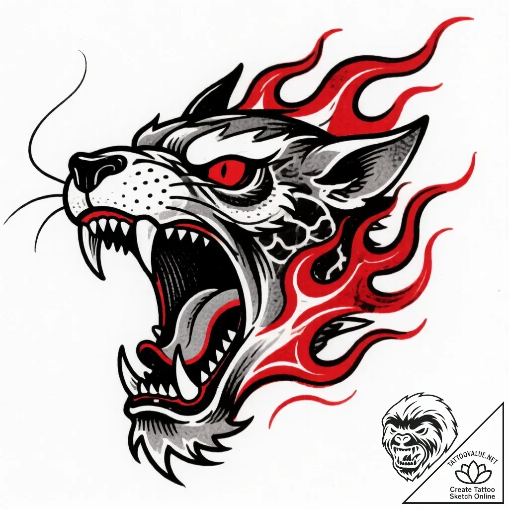 Tattoo sketch, tiger roaring with flames burs... - style Flux Inscriptions - tattoo sketch (04.12.2025 14:57)