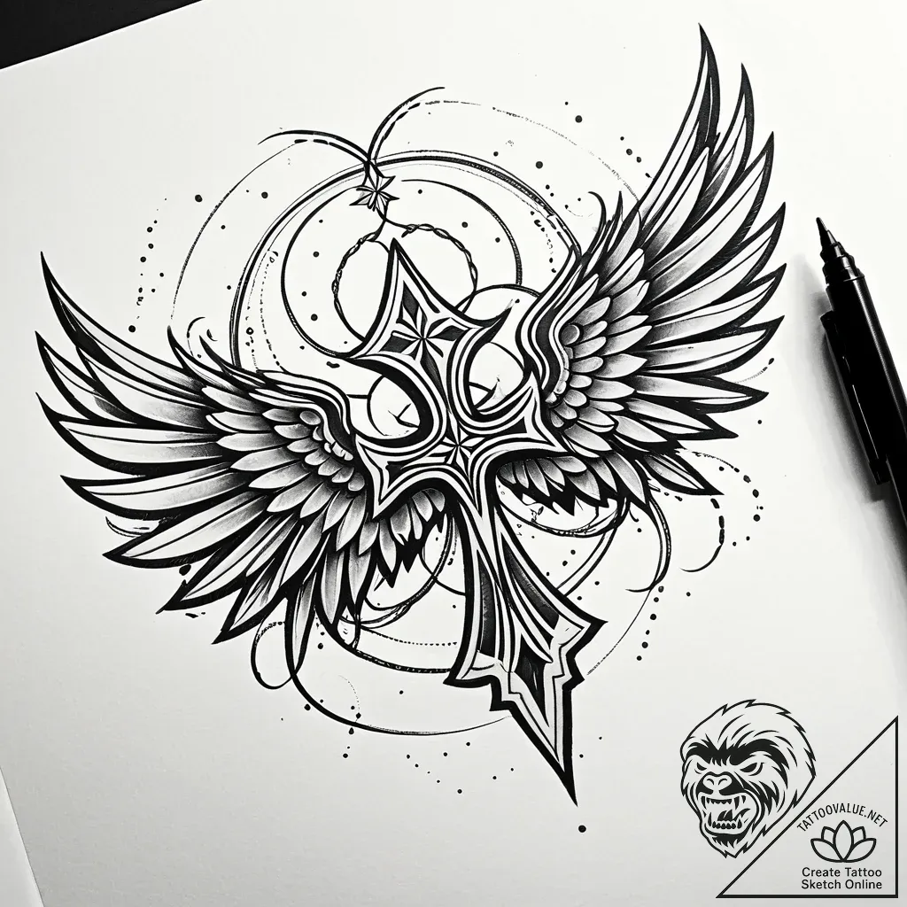 Etched wings frozen in flight, tattoo drawing... - style Jaeger Simple - tattoo sketch (04.12.2025 15:17)