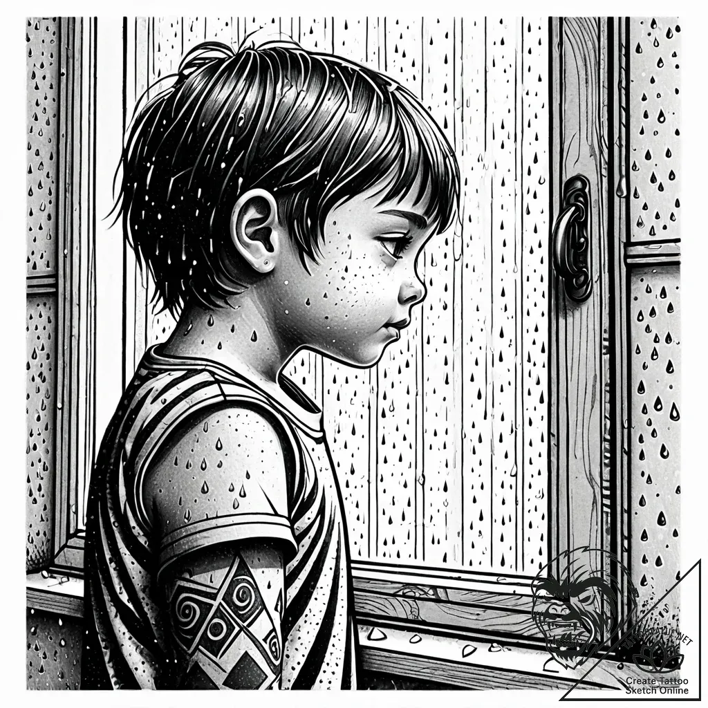 A child looking out a rain-streaked window on... - style Jaeger Simple - tattoo sketch (04.12.2025 17:41)