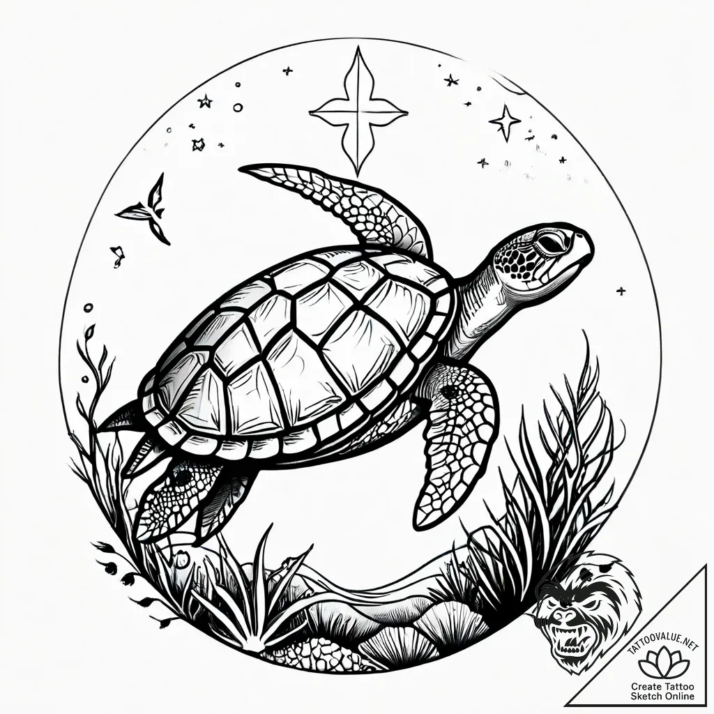 A sea turtle gracefully swimming over a vibra... - style Jagger Old - tattoo sketch (04.12.2025 19:37)