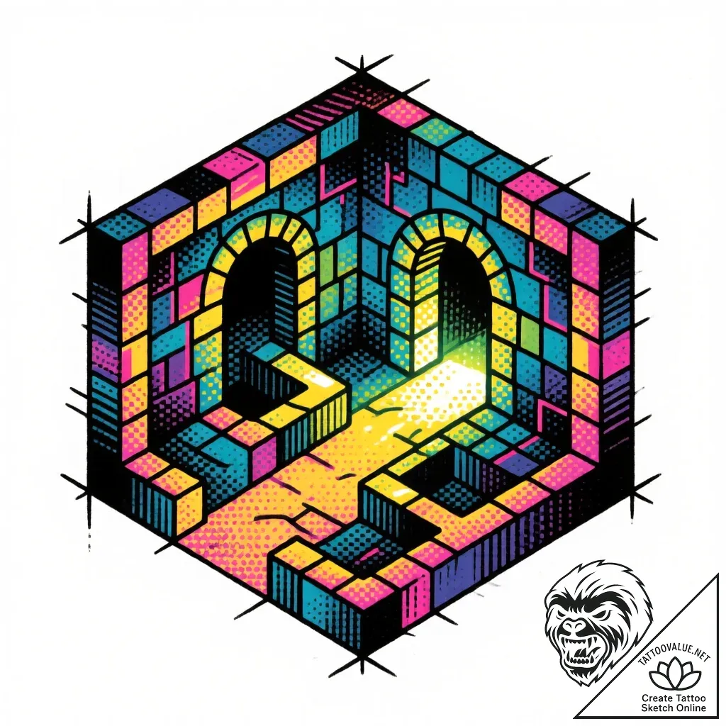 Tattoo design a dungeon crawl map with a glow... - style Flux Inscriptions - tattoo sketch (04.12.2025 19:57)