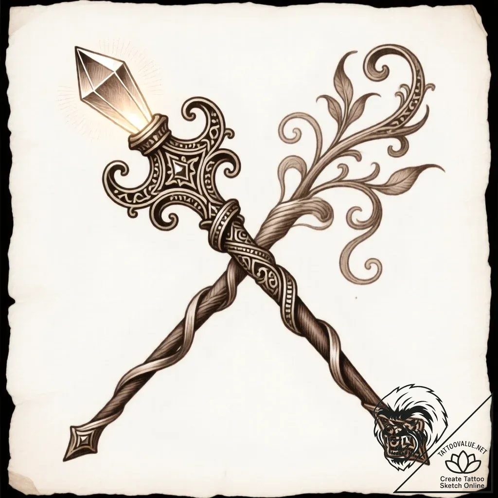Tattoo sketch, ornate wizard’s staff topped w... - style Flux Inscriptions - tattoo sketch (04.12.2025 22:37)