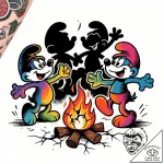 Tattoo sketch, smurf silhouettes dancing arou… – style Flux Inscriptions – tattoo sketch (04.12.2025 23:57)