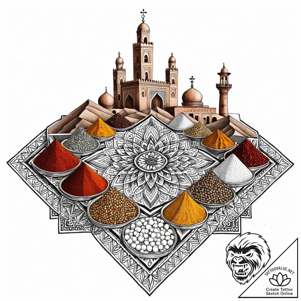 A photo of a street vendor in marrakech, arra... - style Jaeger Mini - tattoo sketch (05.12.2025 01:57)