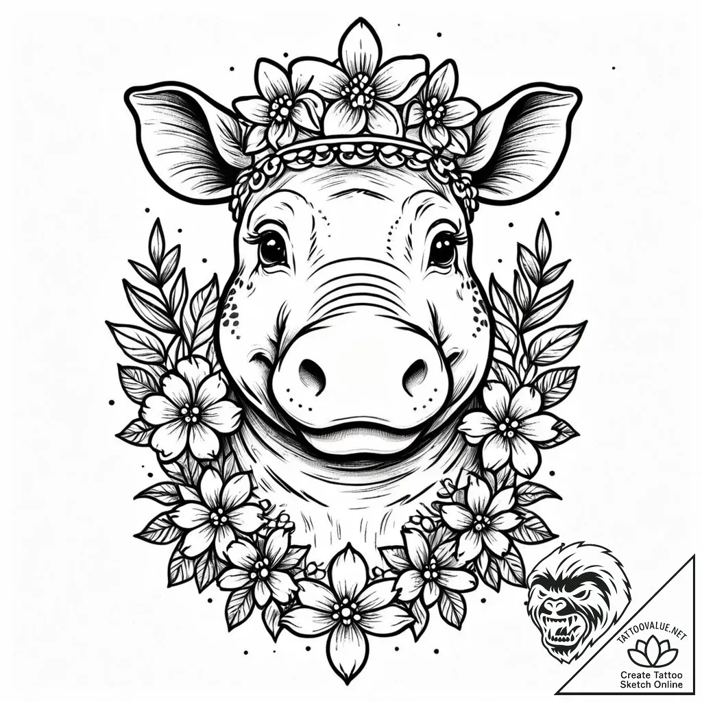 Eskiz.to, tattoo sketch, gloria hippo with fl... - style Jaeger Mini - tattoo sketch (05.12.2025 03:17)