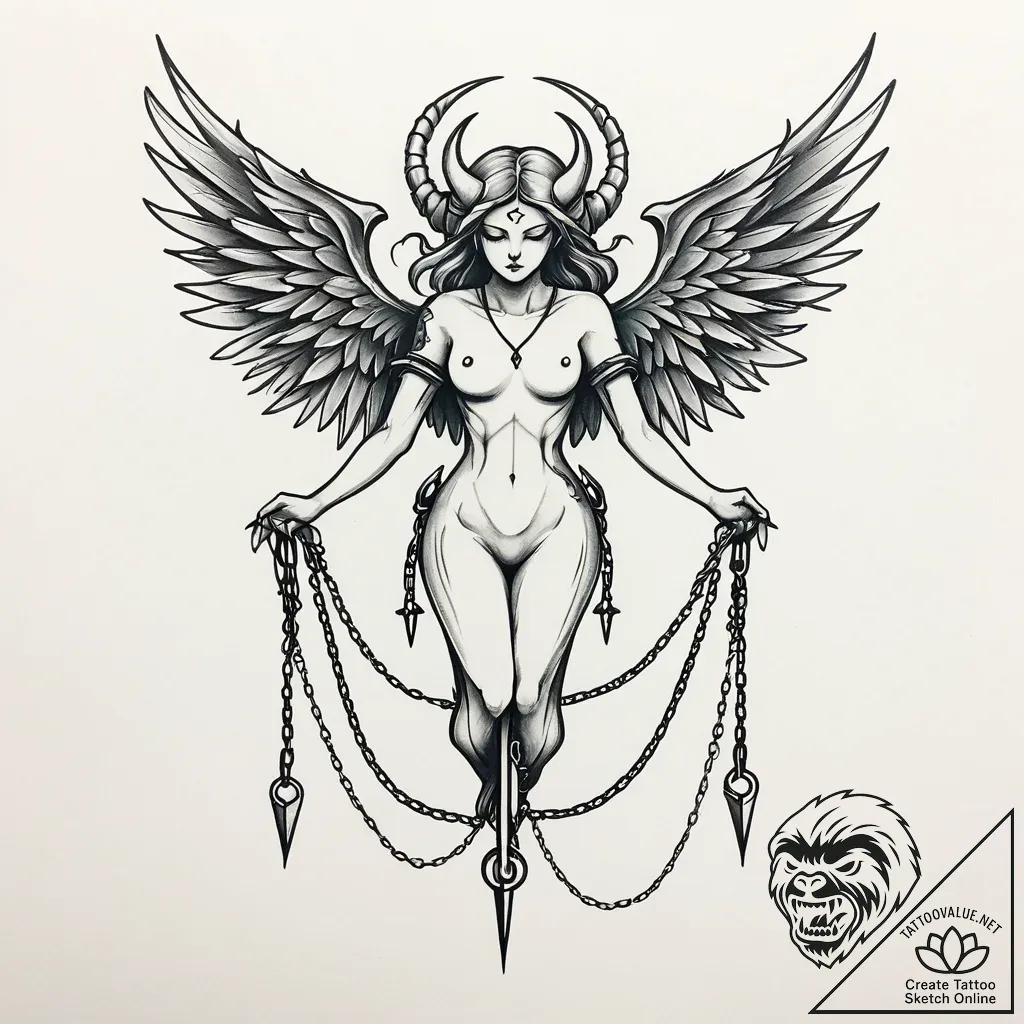 Angelic chains binding demon, artistic tattoo... - style Jaeger Simple - tattoo sketch (05.12.2025 05:37)
