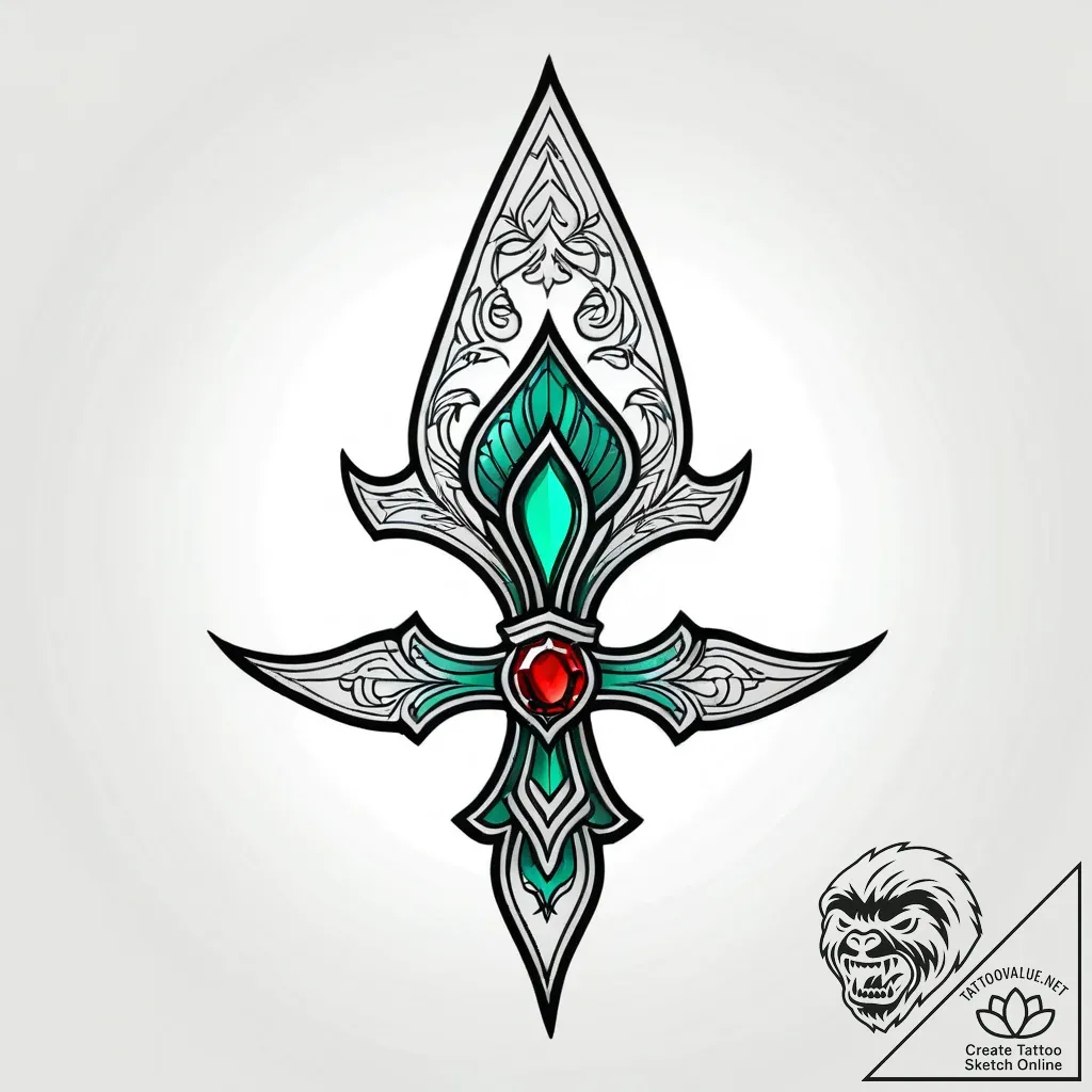Emerald blade beneath crimson river, ink illu... - style Jagger Old - tattoo sketch (05.12.2025 07:37)