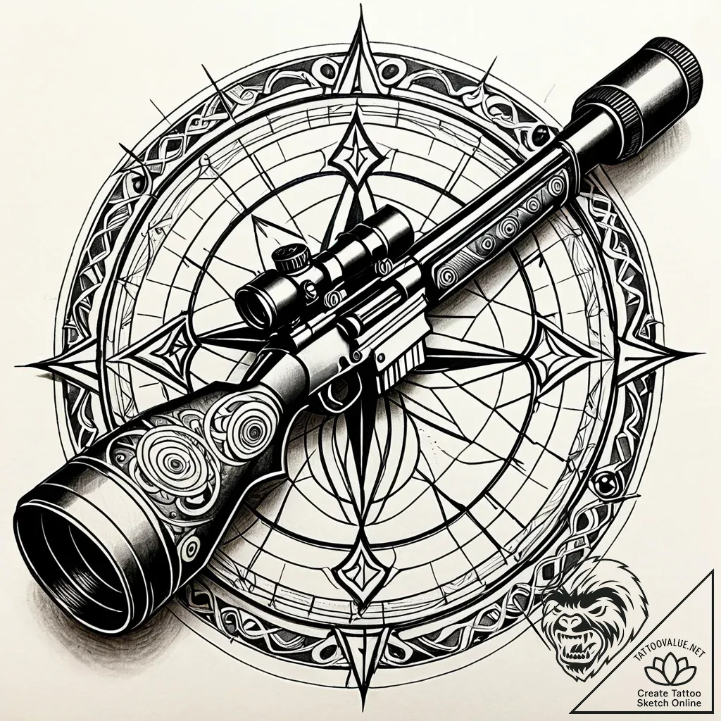Tattoo design a futuristic sniper rifle scope... - style Jaeger Simple - tattoo sketch (05.12.2025 08:17)