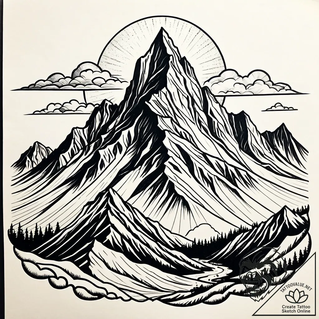 A majestic, snow-capped mountain peak breakin... - style Jaeger Simple - tattoo sketch (05.12.2025 09:37)