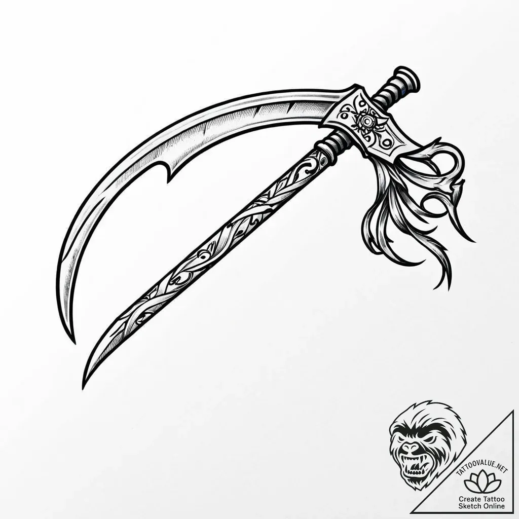 Scythe, cold and sharp, resting on a pile of... - style Jaeger Mini - tattoo sketch (05.12.2025 09:57)