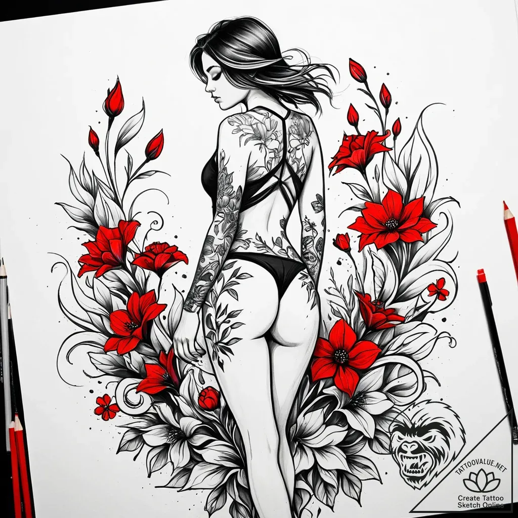 Tattoo sketch, sophie walking through flowers... - style Jaeger Simple - tattoo sketch (05.12.2025 10:57)