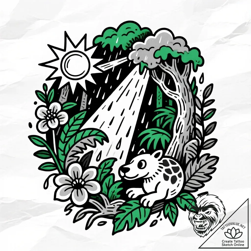 A sunbeam piercing through the canopy of a de... - style Flux Inscriptions - tattoo sketch (05.12.2025 11:57)