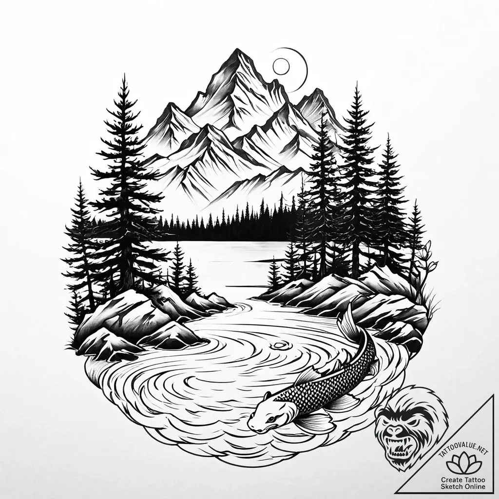 A serene, mirror-like lake in the canadian ro... - style Jaeger Mini - tattoo sketch (05.12.2025 13:57)