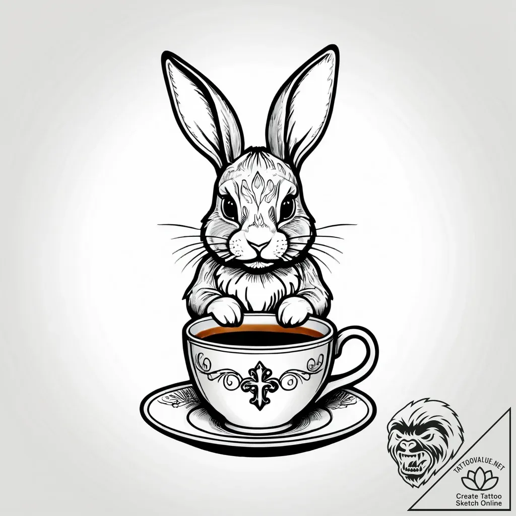 A whimsical bunny rabbit sipping tea in a tin... - style Jagger Old - tattoo sketch (05.12.2025 20:37)