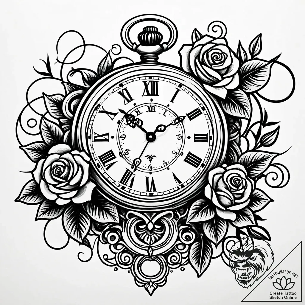 Tat tattoo sketch, vintage pocket watch entwi... - style Jaeger Simple - tattoo sketch (05.12.2025 22:37)