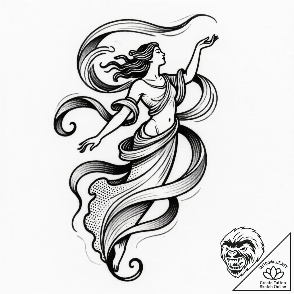 Tattoo sketch, spirit with wind swirling arou... - style Flux Inscriptions - tattoo sketch (06.12.2025 01:57)