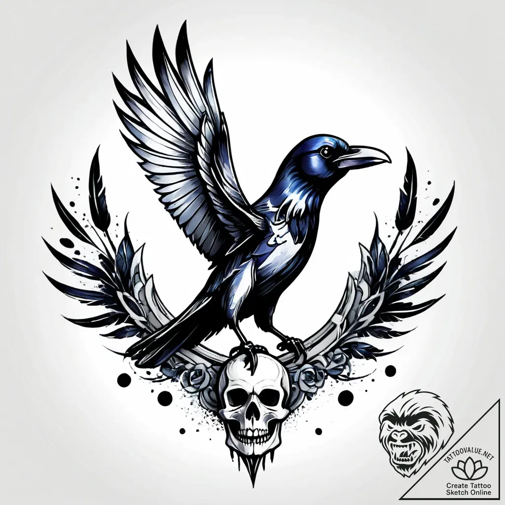 Tattoo sketch, raven perched on cracked skull... - style Jagger Old - tattoo sketch (06.12.2025 02:57)