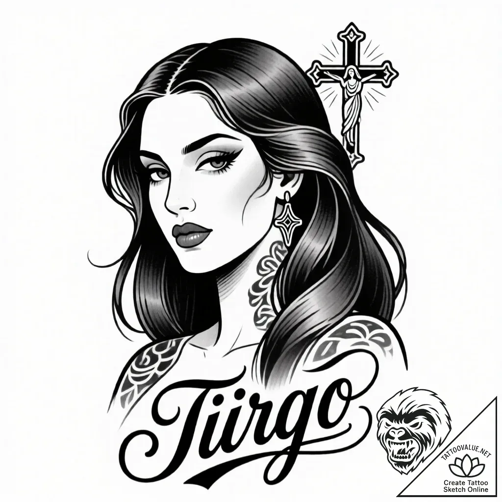 Tattoo design a realistic portrait of a virgo... - style Flux Inscriptions - tattoo sketch (06.12.2025 04:37)