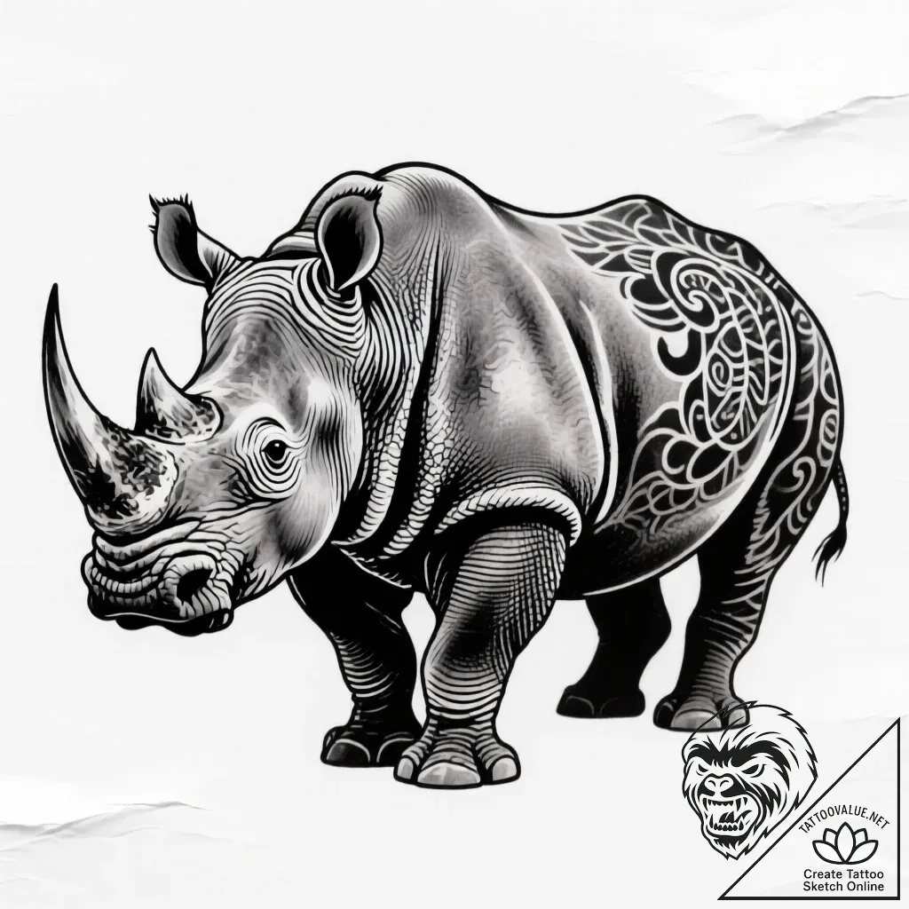 Rhino, symbolizing steadfastness and resilien... - style Flux Inscriptions - tattoo sketch (06.12.2025 07:17)