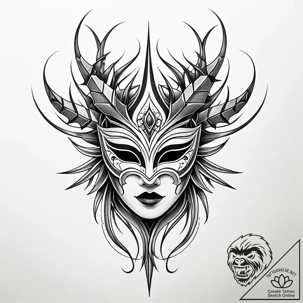Ethereal mask beneath thorns, tattoo flash sh... - style Jaeger Simple - tattoo sketch (06.12.2025 07:37)