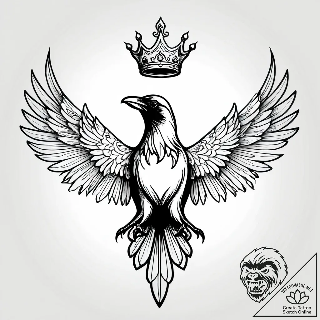 Angelic raven with crown, tattoo drawing outl... - style Jagger Old - tattoo sketch (06.12.2025 09:36)