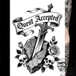 Tattoo design a classic fantasy sword plunged… – style Flux Inscriptions – tattoo sketch (06.12.2025 09:57)