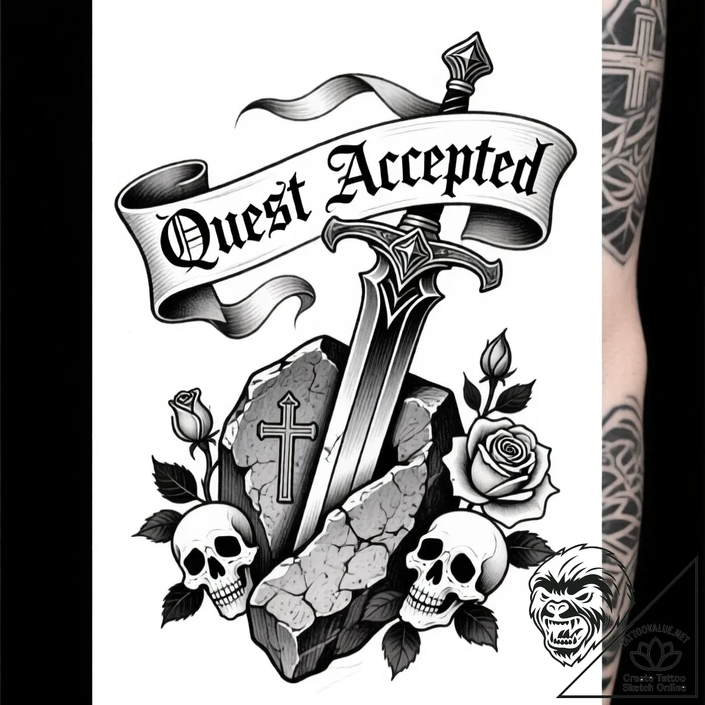 Tattoo design a classic fantasy sword plunged... - style Flux Inscriptions - tattoo sketch (06.12.2025 09:57)