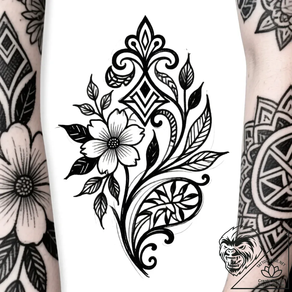 Tat tattoo sketch, floral motif combined with... - style Flux Inscriptions - tattoo sketch (06.12.2025 16:17)
