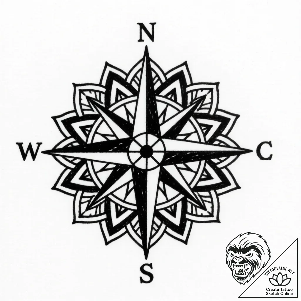 компас, ink illustration for tattoo, clean li... - style Flux Inscriptions - tattoo sketch (06.12.2025 17:37)