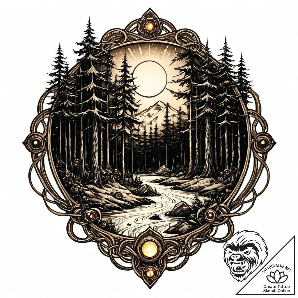 Tattoo sketch, buttons glowing in dark forest... - style Jaeger Mini - tattoo sketch (06.12.2025 17:56)