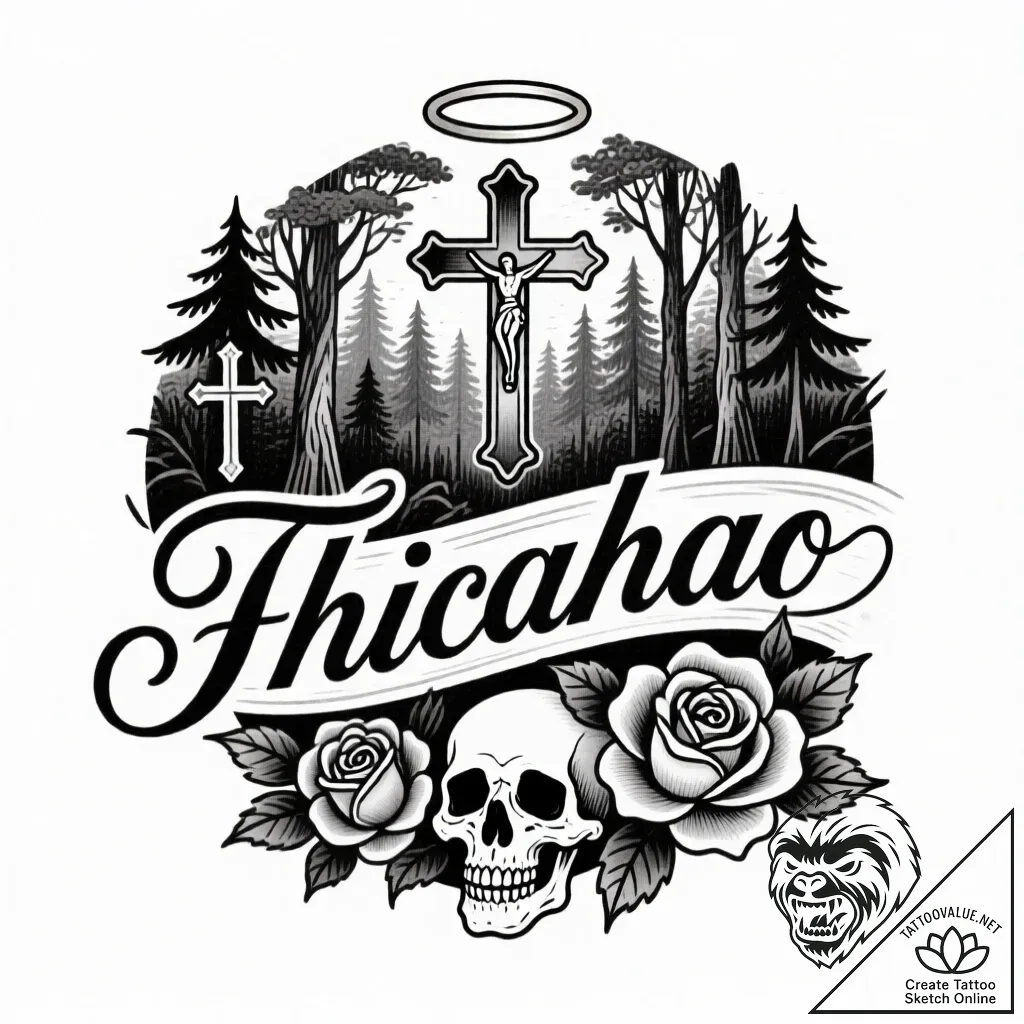 лес, concept art for tattoo, chicano tattoo s... - style Flux Inscriptions - tattoo sketch (06.12.2025 18:37)