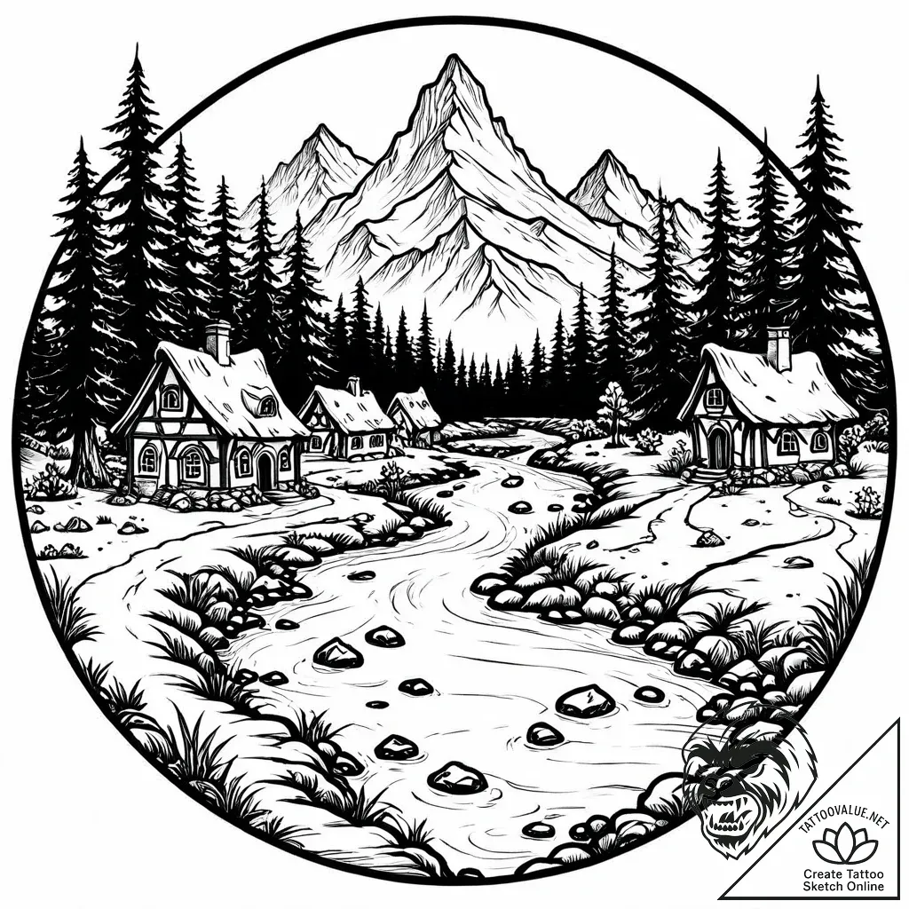 Tattoo sketch, smurf village landscape with r... - style Jaeger Mini - tattoo sketch (06.12.2025 19:17)