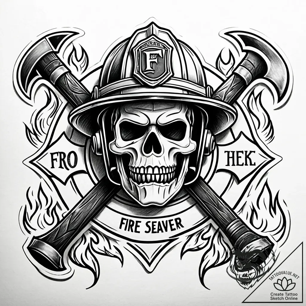 Tattoo sketch, firefighter helmet and axe cro... - style Jaeger Simple - tattoo sketch (06.12.2025 22:57)