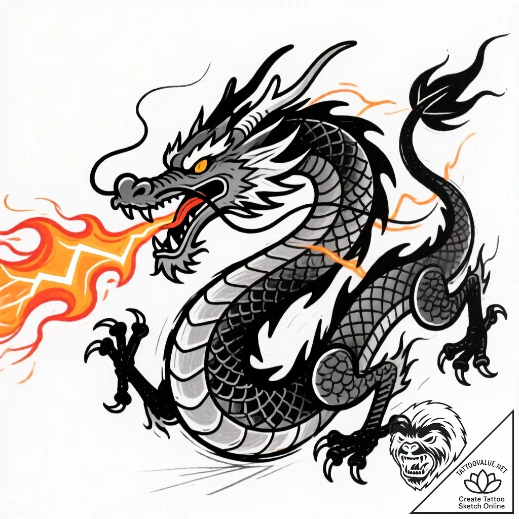Tat tattoo sketch, neon graffiti-style dragon... - style Flux Inscriptions - tattoo sketch (06.12.2025 23:57)