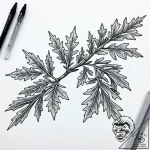 Oak branch crowned in frost, tattoo line art,… – style Jaeger Simple – tattoo sketch (07.12.2025 00:17)