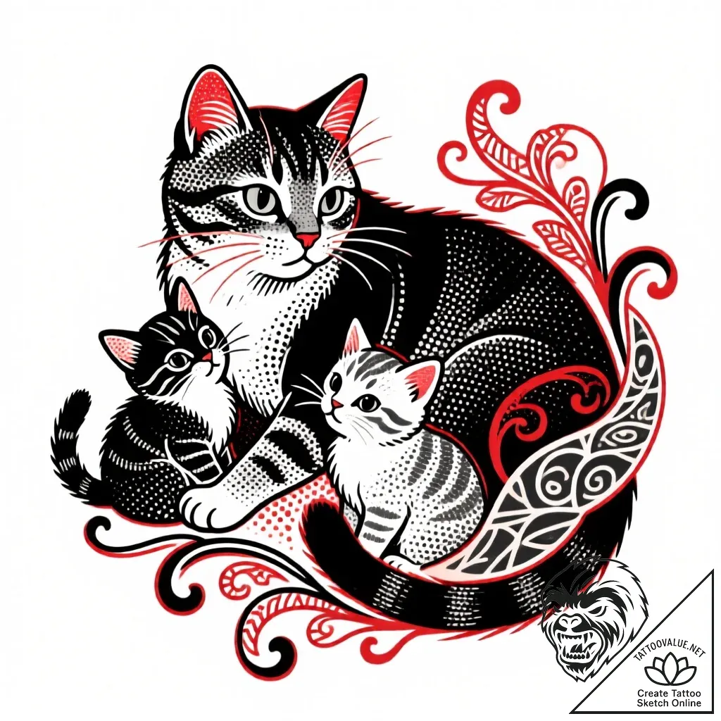 Tattoo design a mother cat with her kittens,... - style Flux Inscriptions - tattoo sketch (07.12.2025 02:17)