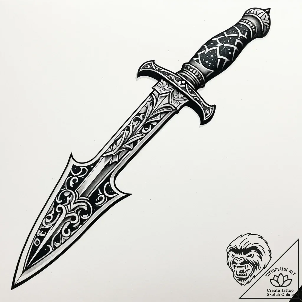 Engraved dagger resting on bones, tattoo sket... - style Jaeger Simple - tattoo sketch (07.12.2025 02:37)