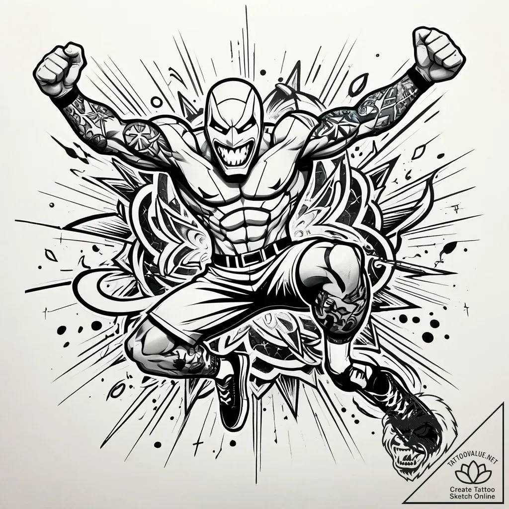 Tattoo sketch, mike jumping excitedly, energe... - style Jaeger Simple - tattoo sketch (07.12.2025 05:17)