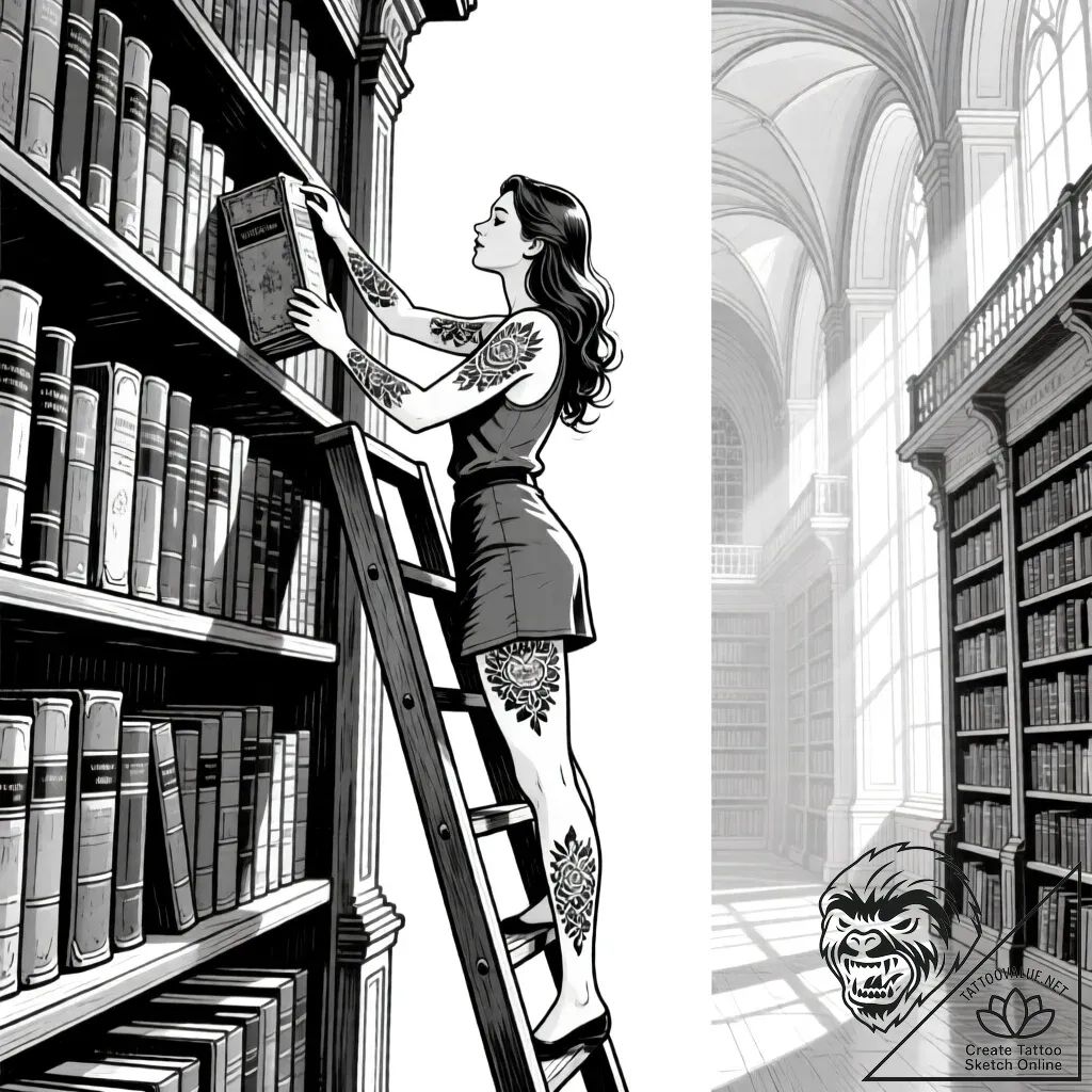 Photo of a librarian on a ladder, reaching fo... - style Flux Inscriptions - tattoo sketch (07.12.2025 11:37)